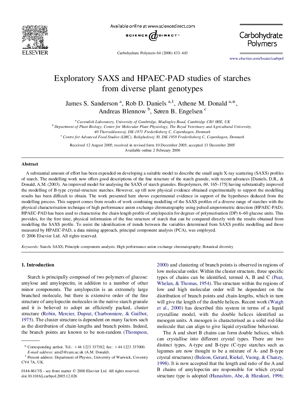 Exploratory SAXS and HPAEC-PAD studies of starches from diverse plant genotypes