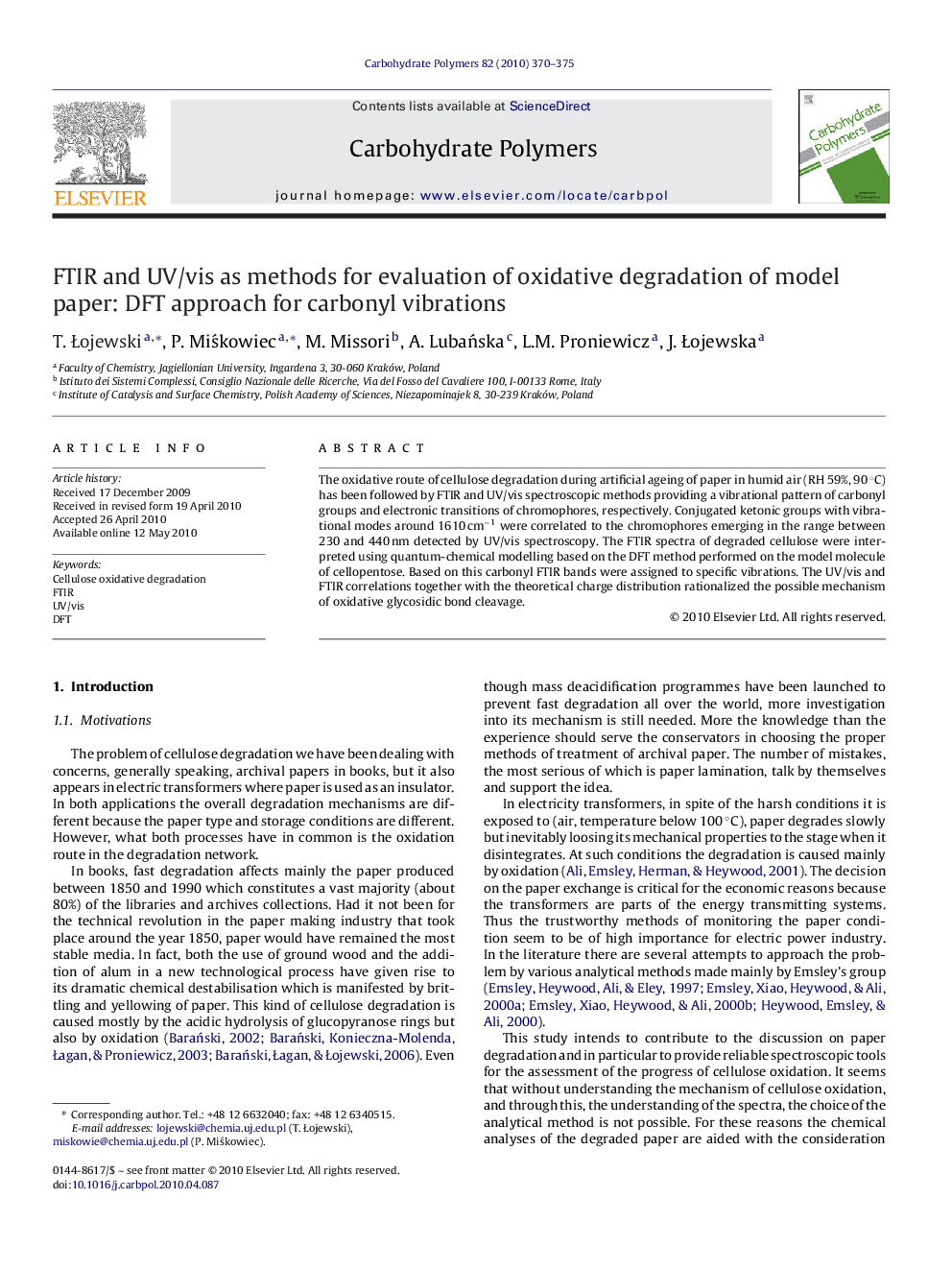 FTIR and UV/vis as methods for evaluation of oxidative degradation of model paper: DFT approach for carbonyl vibrations