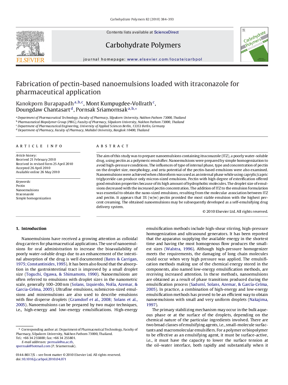 Fabrication of pectin-based nanoemulsions loaded with itraconazole for pharmaceutical application