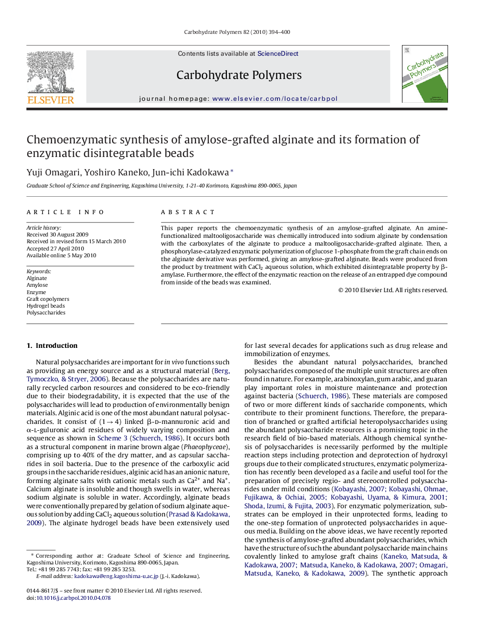 Chemoenzymatic synthesis of amylose-grafted alginate and its formation of enzymatic disintegratable beads