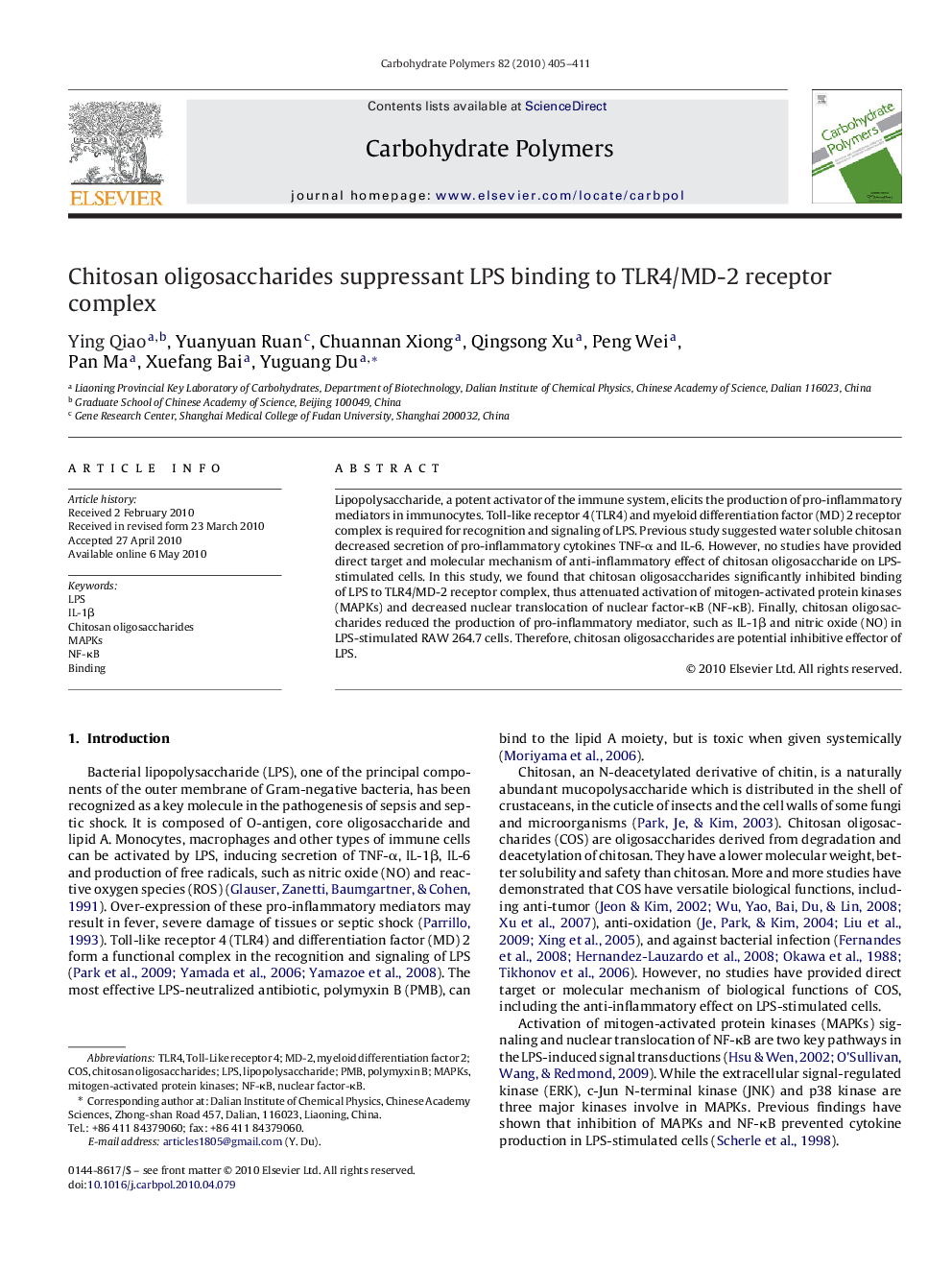 Chitosan oligosaccharides suppressant LPS binding to TLR4/MD-2 receptor complex