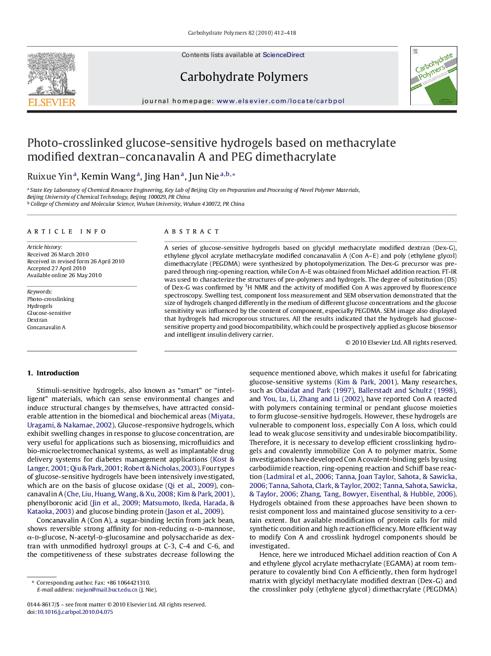 Photo-crosslinked glucose-sensitive hydrogels based on methacrylate modified dextran–concanavalin A and PEG dimethacrylate