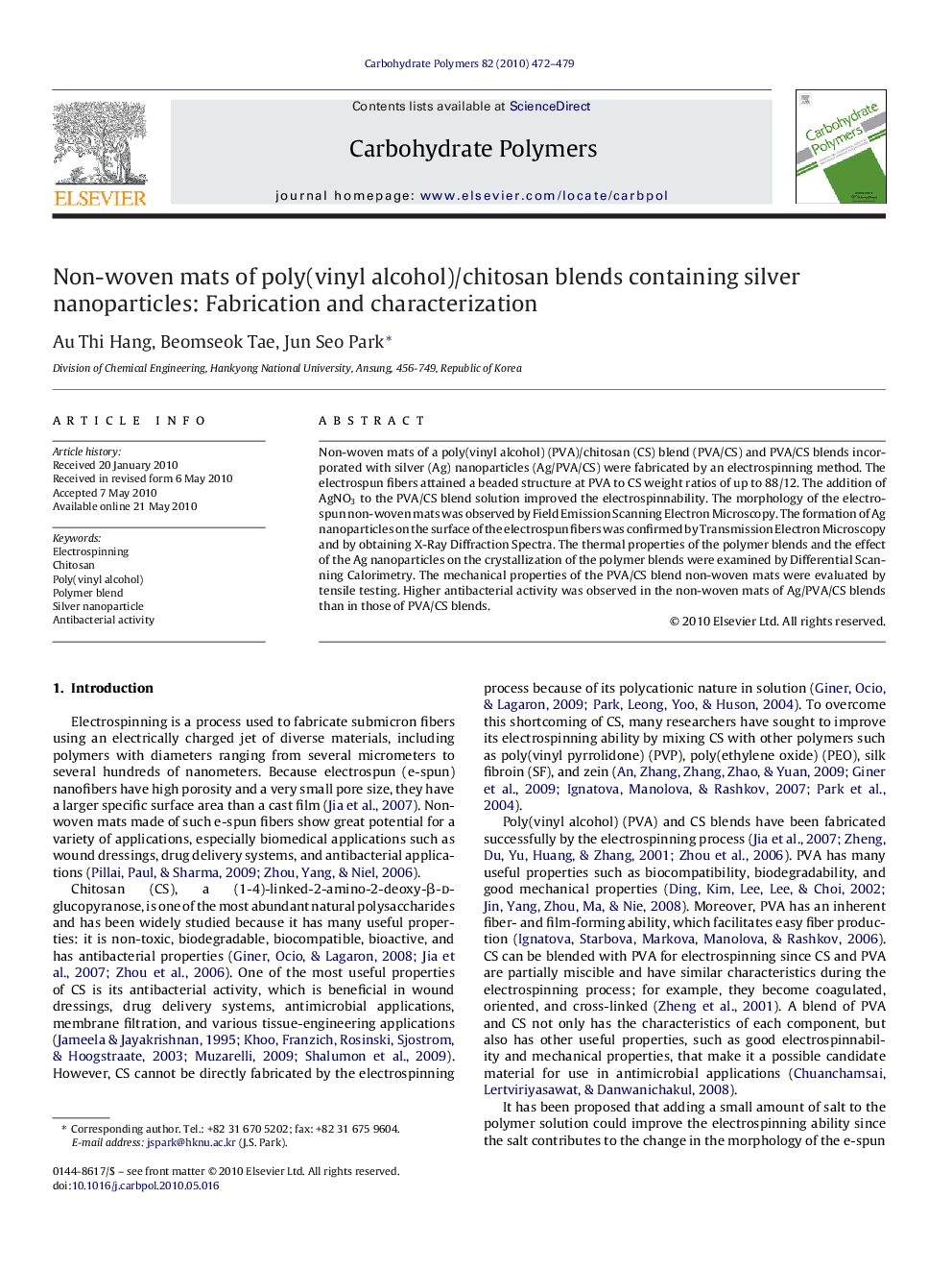 Non-woven mats of poly(vinyl alcohol)/chitosan blends containing silver nanoparticles: Fabrication and characterization