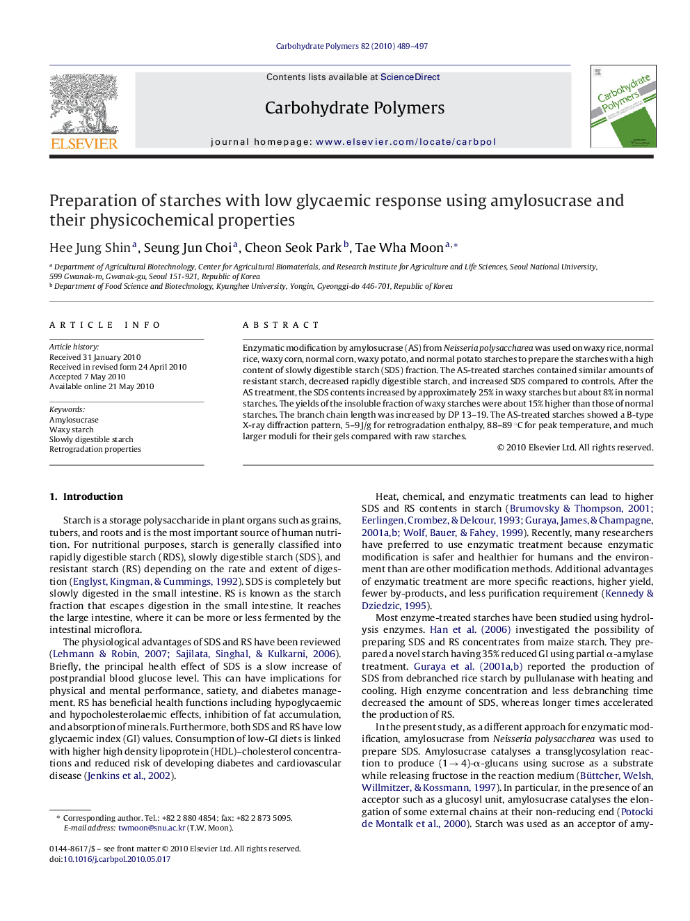 عکس صفحه اول مقاله: Preparation of starches with low glycaemic response using amylosucrase and their physicochemical properties Preparation of starches with low glycaemic response using amylosucrase and their physicochemical properties
