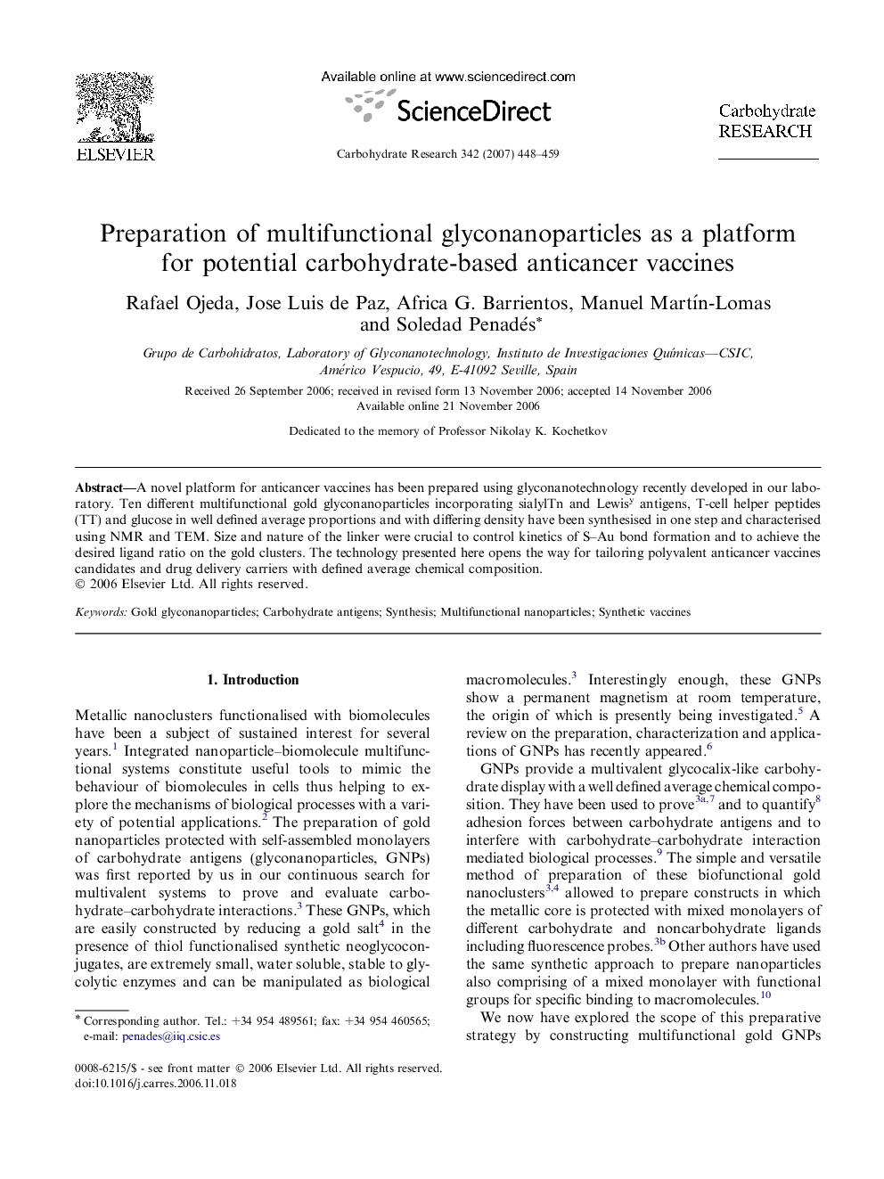 Preparation of multifunctional glyconanoparticles as a platform for potential carbohydrate-based anticancer vaccines