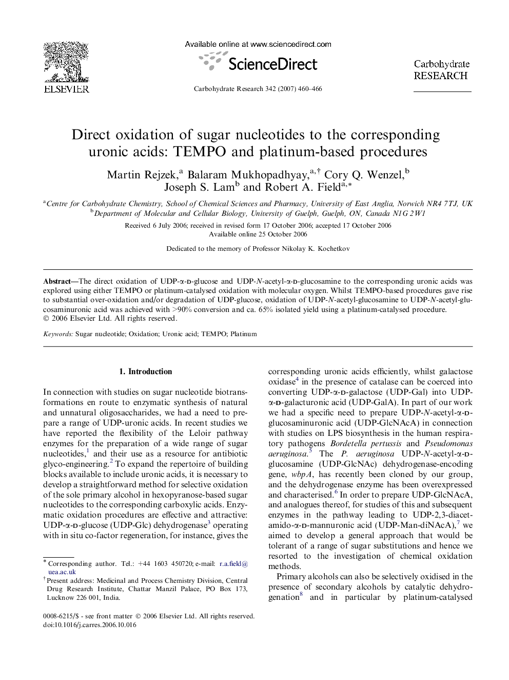 Direct oxidation of sugar nucleotides to the corresponding uronic acids: TEMPO and platinum-based procedures