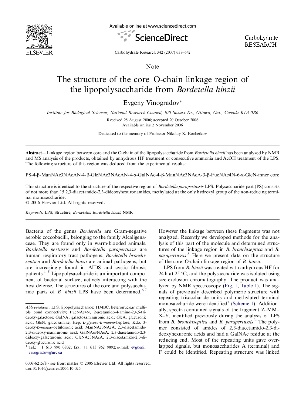 The structure of the core-O-chain linkage region of the lipopolysaccharide from Bordetella hinzii