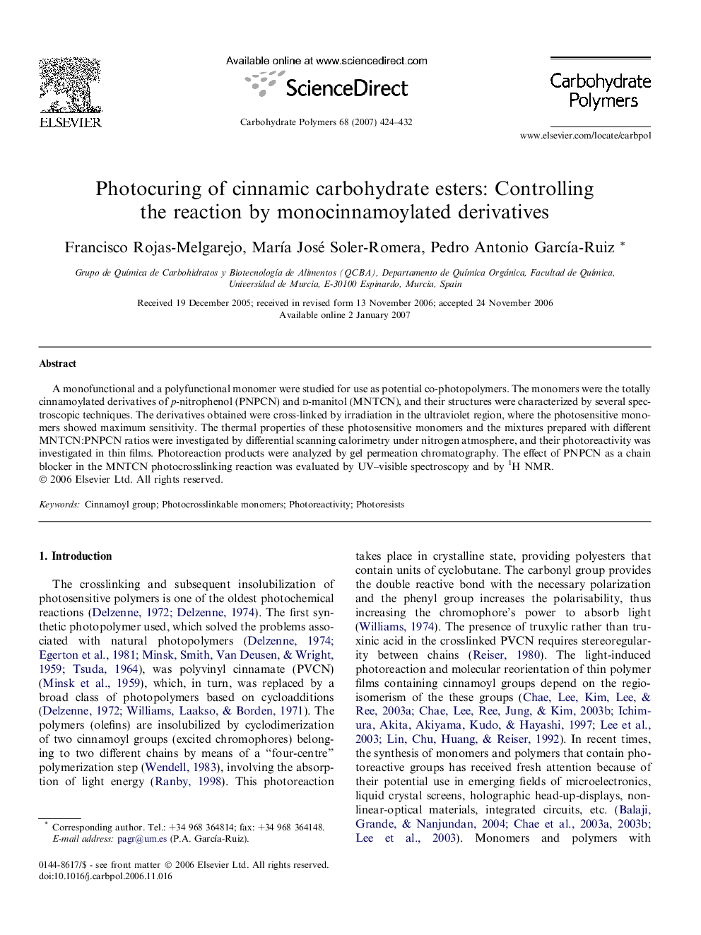 Photocuring of cinnamic carbohydrate esters: Controlling the reaction by monocinnamoylated derivatives