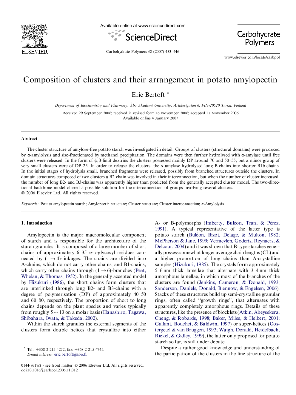 Composition of clusters and their arrangement in potato amylopectin