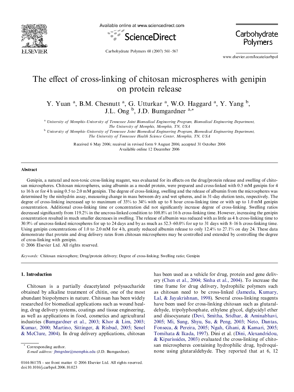 The effect of cross-linking of chitosan microspheres with genipin on protein release