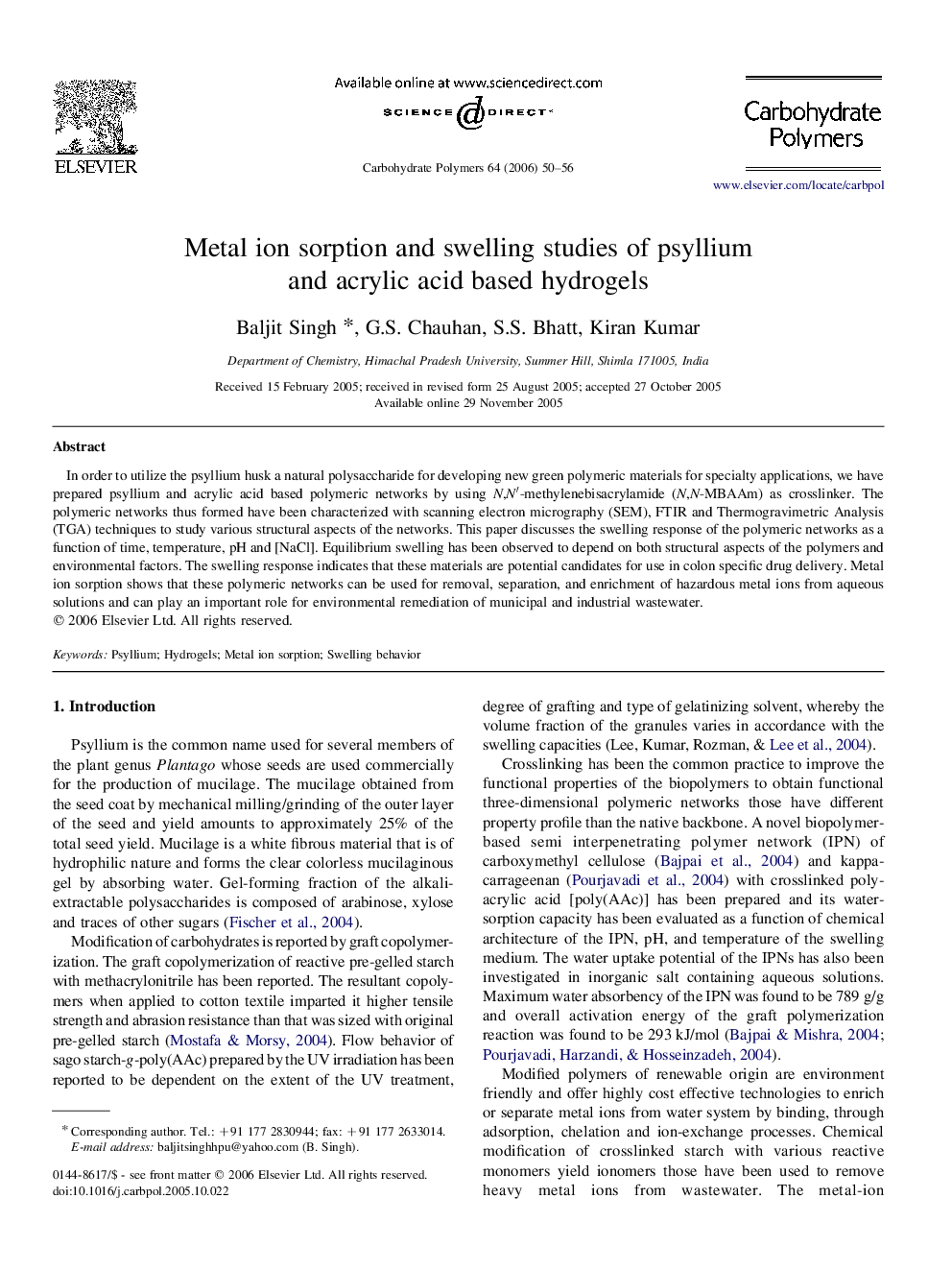 Metal ion sorption and swelling studies of psyllium and acrylic acid based hydrogels