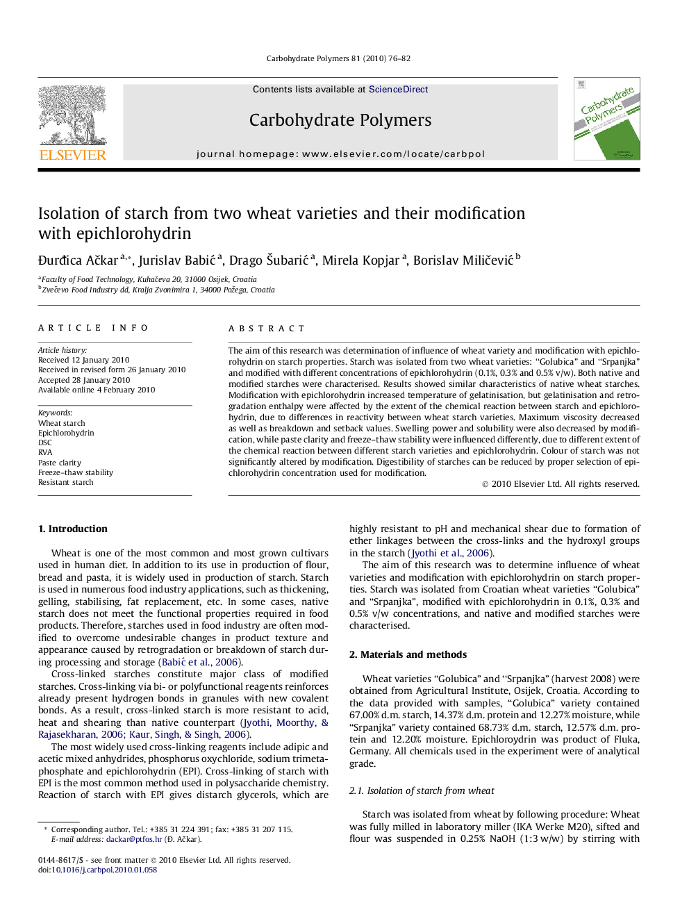 Isolation of starch from two wheat varieties and their modification with epichlorohydrin