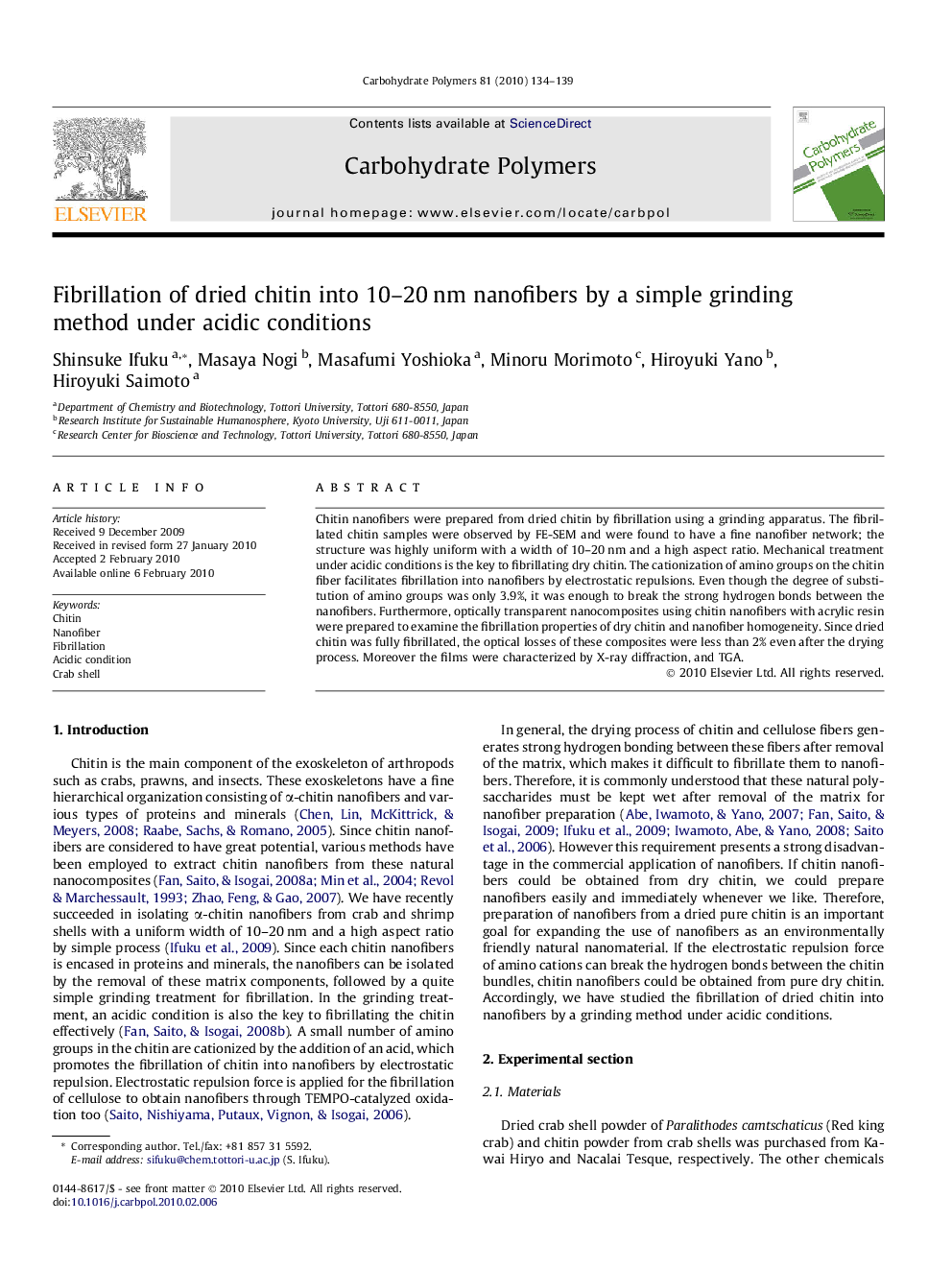 Fibrillation of dried chitin into 10–20 nm nanofibers by a simple grinding method under acidic conditions