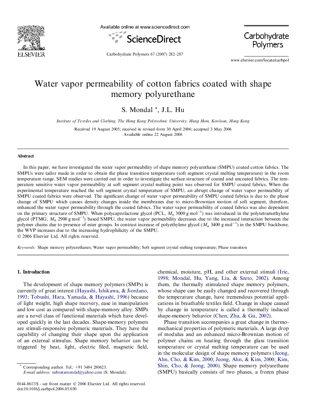 عکس صفحه اول مقاله: Water vapor permeability of cotton fabrics coated with shape memory polyurethane Water vapor permeability of cotton fabrics coated with shape memory polyurethane