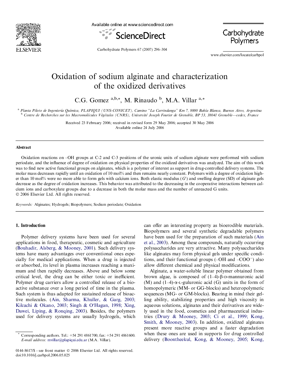 Oxidation of sodium alginate and characterization of the oxidized derivatives