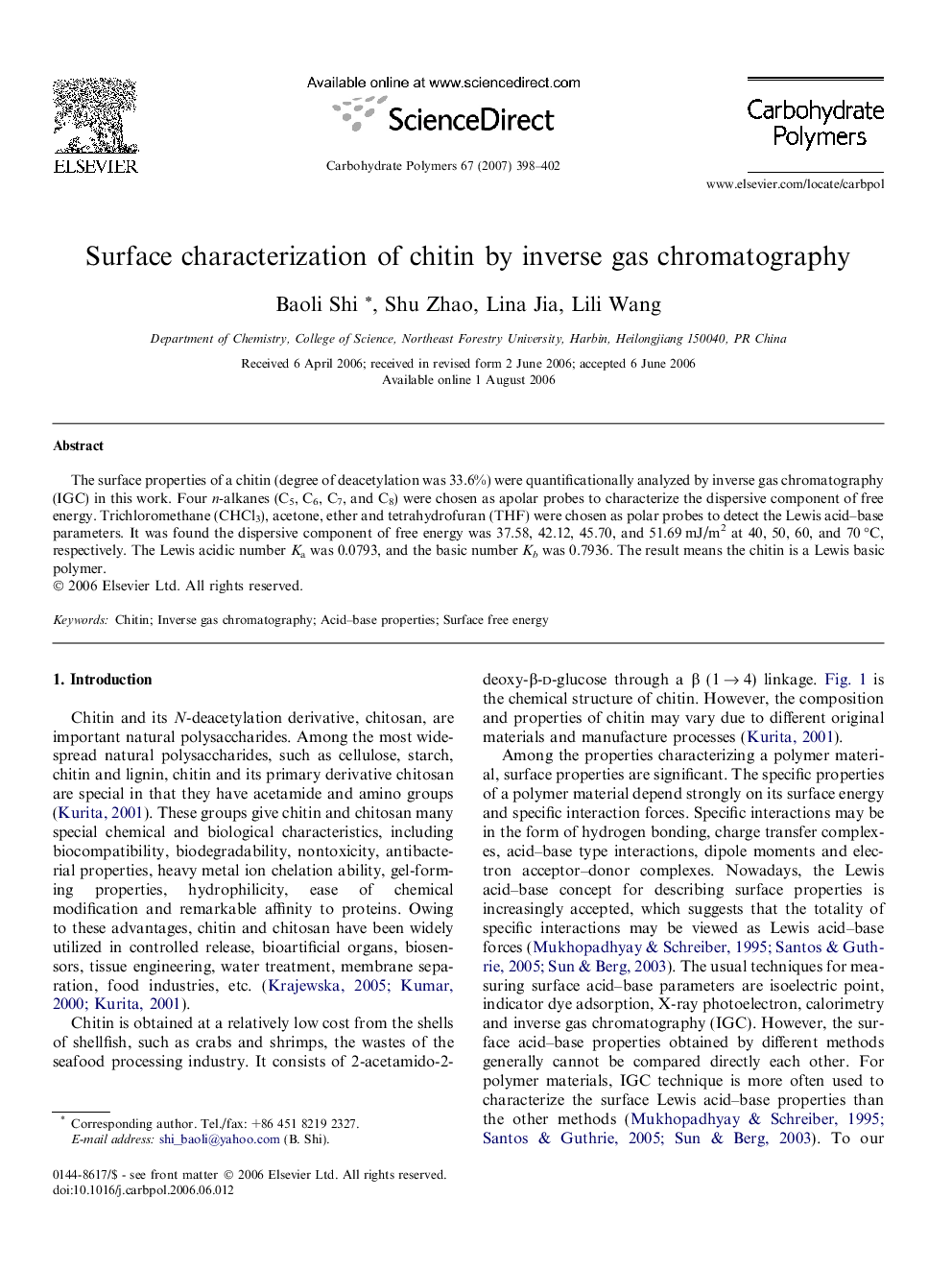 Surface characterization of chitin by inverse gas chromatography