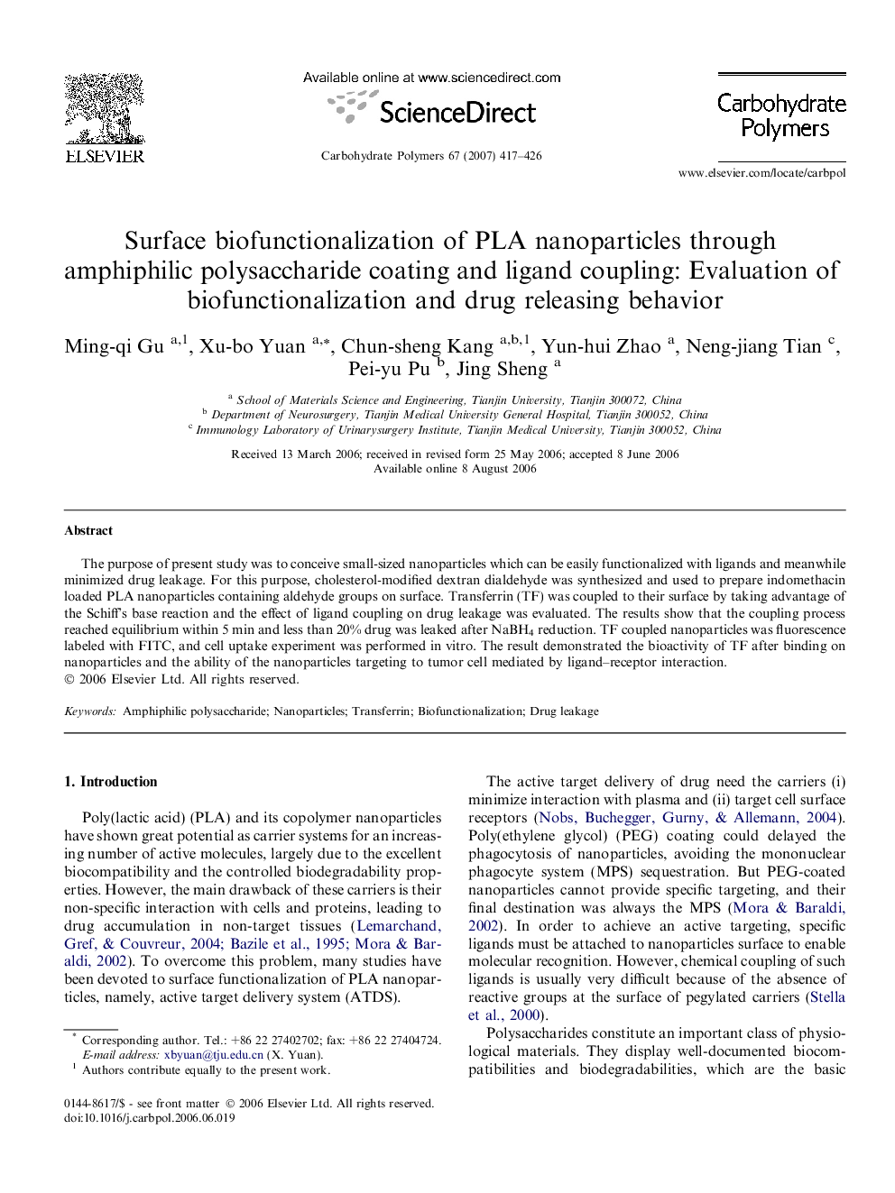 عکس صفحه اول مقاله: Surface biofunctionalization of PLA nanoparticles through amphiphilic polysaccharide coating and ligand coupling: Evaluation of biofunctionalization and drug releasing behavior Surface biofunctionalization of PLA nanoparticles through amphiphilic polysaccharide coating and ligand coupling: Evaluation of biofunctionalization and drug releasing behavior