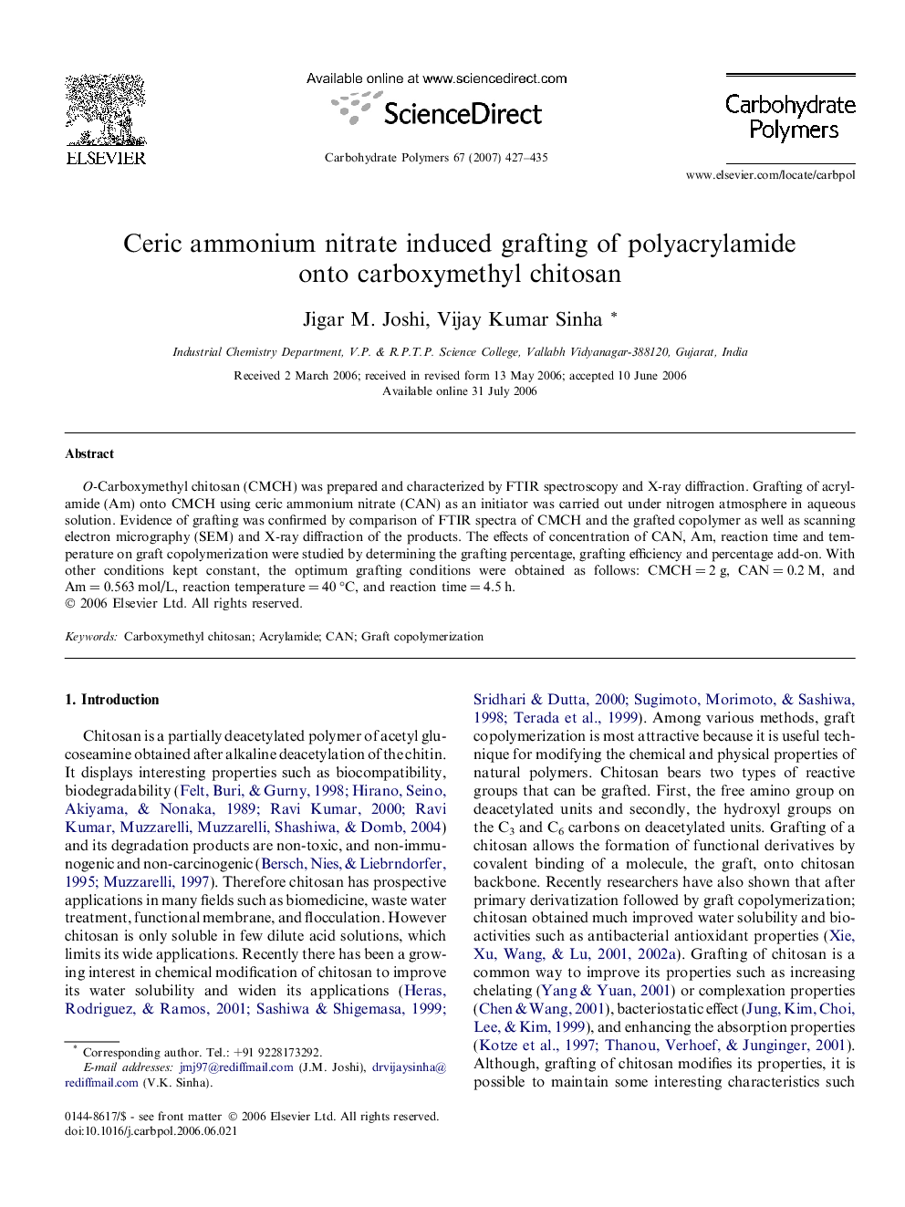 Ceric ammonium nitrate induced grafting of polyacrylamide onto carboxymethyl chitosan