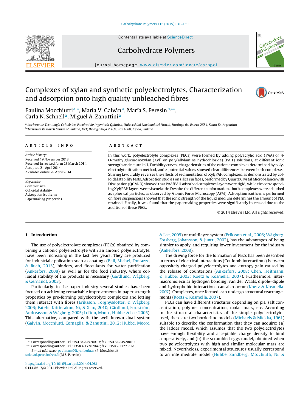 Complexes of xylan and synthetic polyelectrolytes. Characterization and adsorption onto high quality unbleached fibres