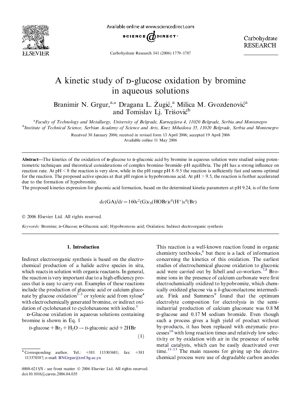 A kinetic study of d-glucose oxidation by bromine in aqueous solutions