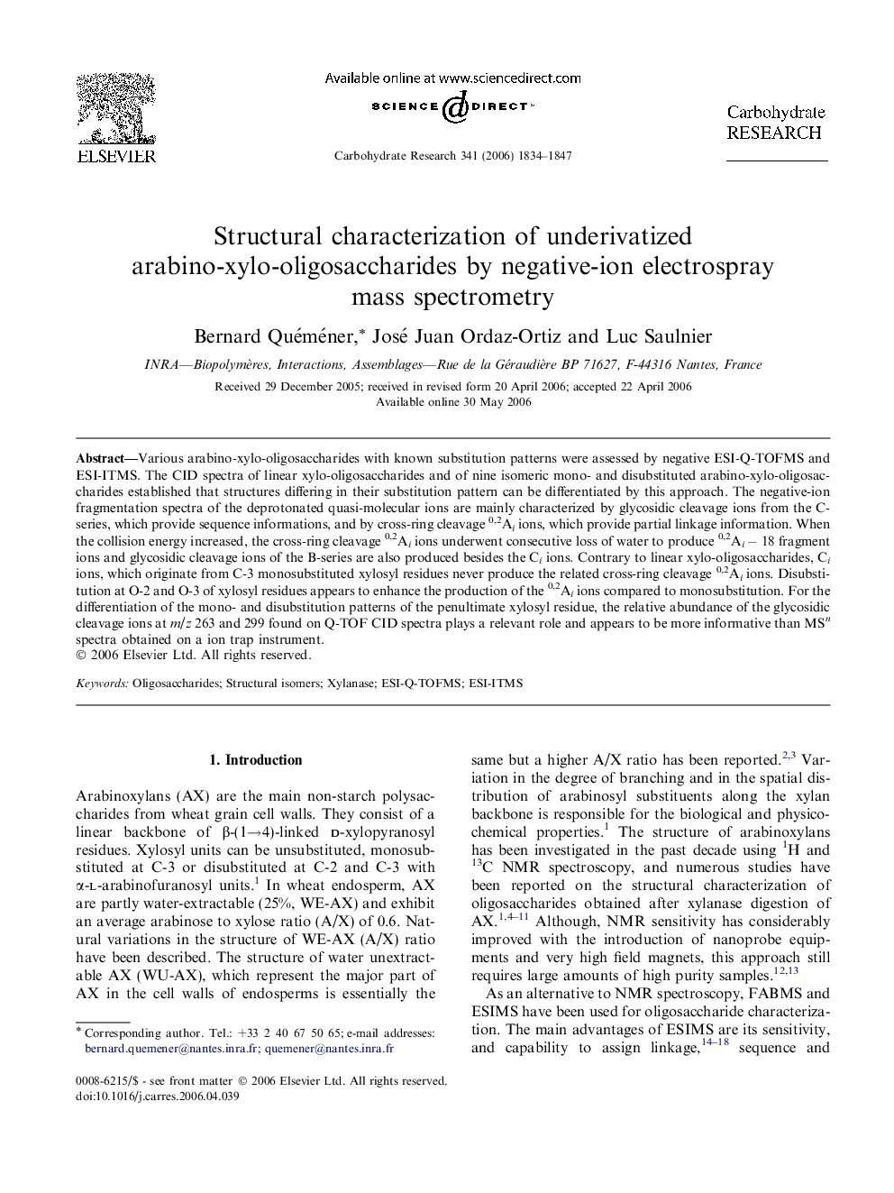 Structural characterization of underivatized arabino-xylo-oligosaccharides by negative-ion electrospray mass spectrometry