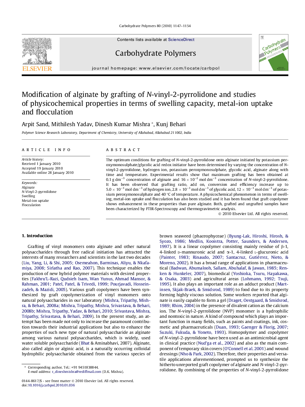 Modification of alginate by grafting of N-vinyl-2-pyrrolidone and studies of physicochemical properties in terms of swelling capacity, metal-ion uptake and flocculation