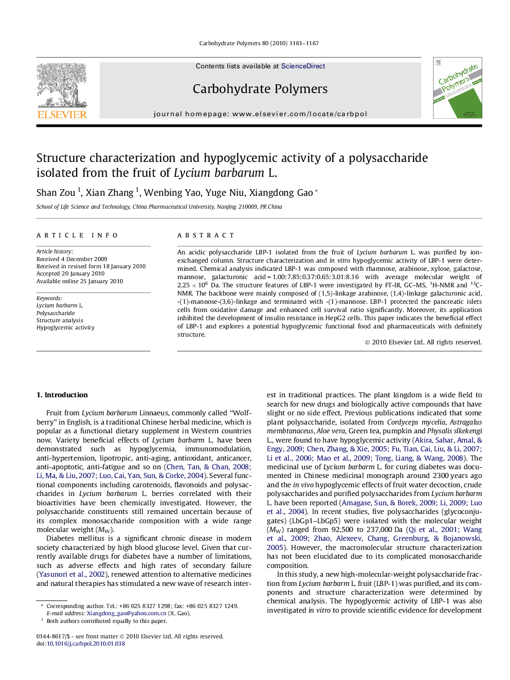 Structure characterization and hypoglycemic activity of a polysaccharide isolated from the fruit of Lycium barbarum L.