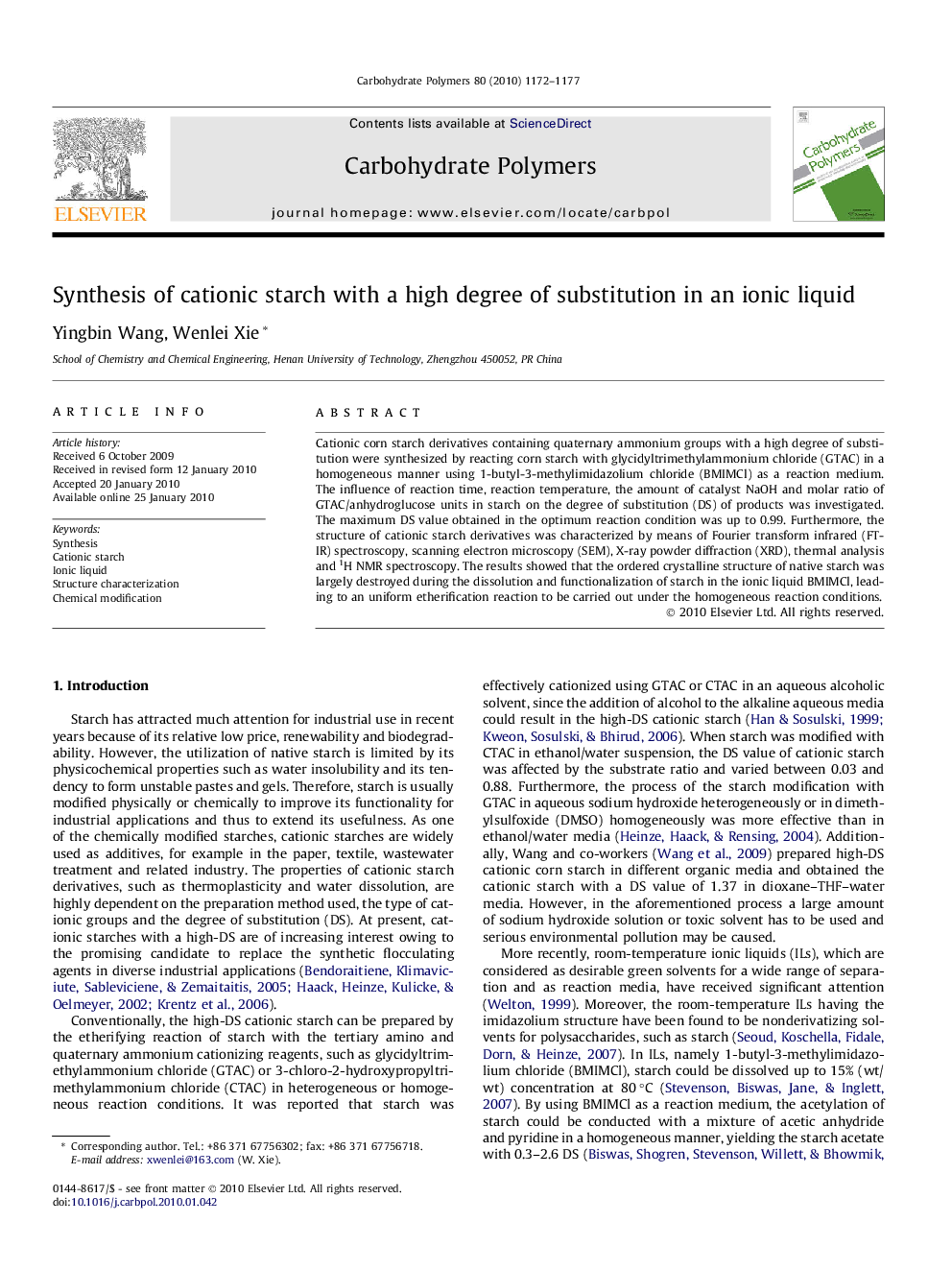 Synthesis of cationic starch with a high degree of substitution in an ionic liquid