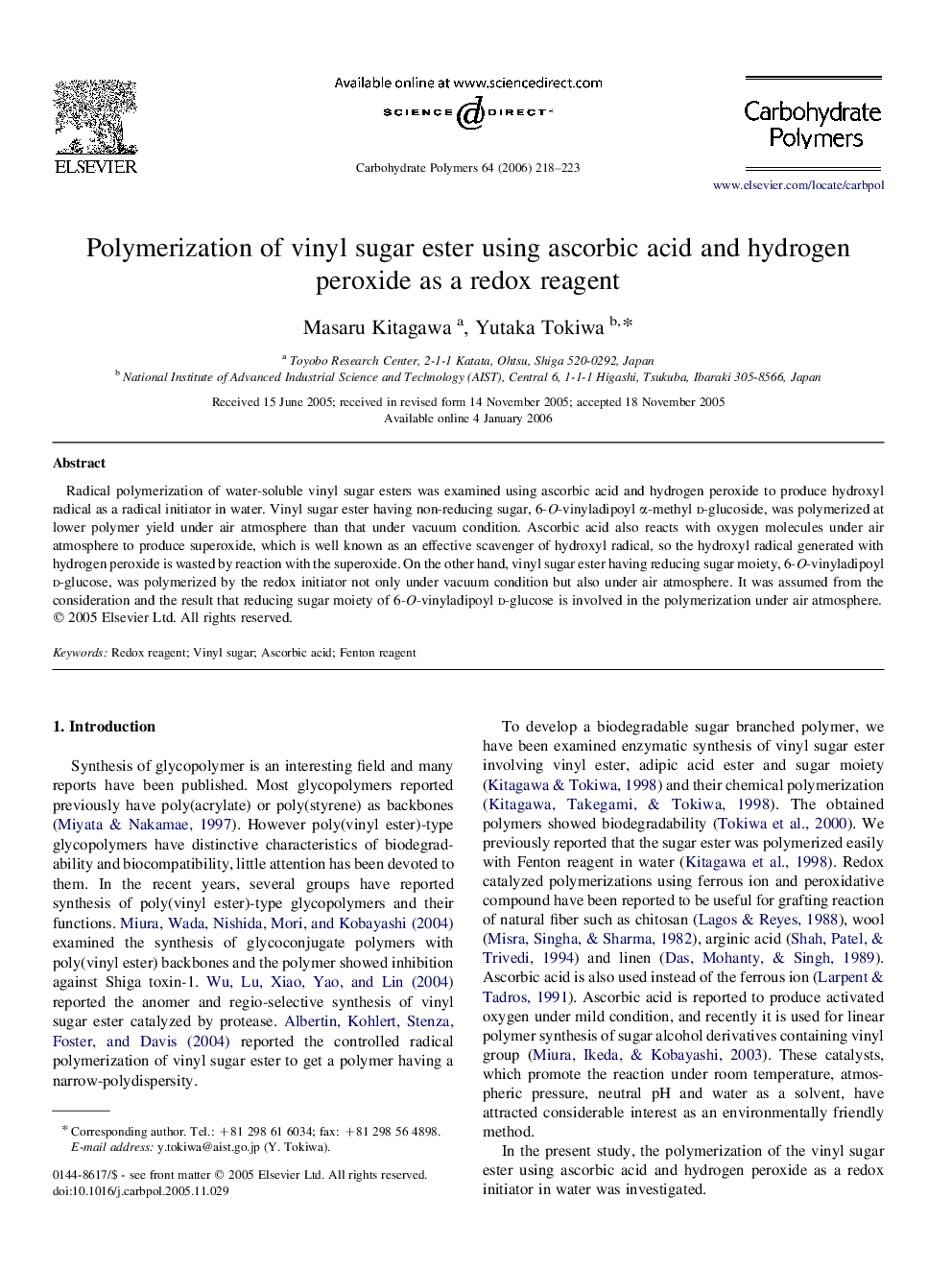 Polymerization of vinyl sugar ester using ascorbic acid and hydrogen peroxide as a redox reagent