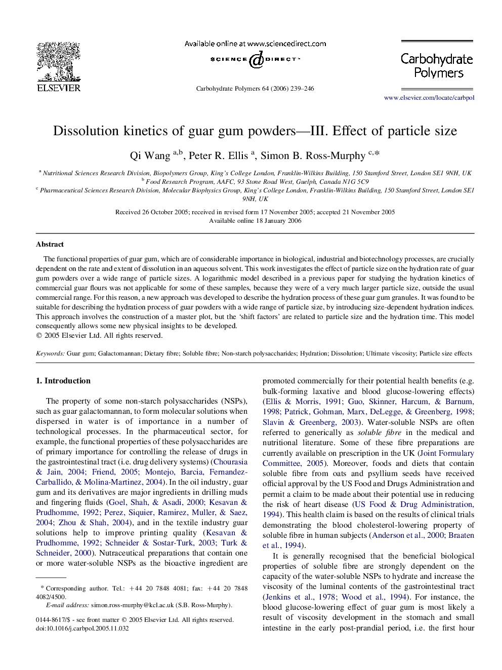 Dissolution kinetics of guar gum powders—III. Effect of particle size