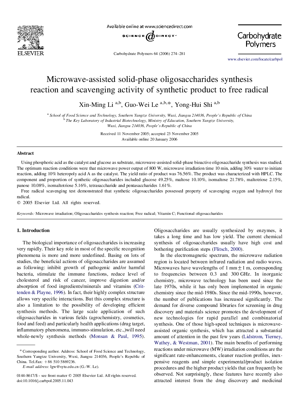 Microwave-assisted solid-phase oligosaccharides synthesis reaction and scavenging activity of synthetic product to free radical