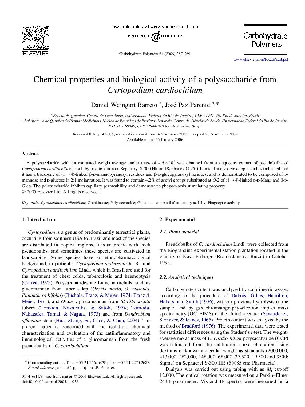 Chemical properties and biological activity of a polysaccharide from Cyrtopodium cardiochilum