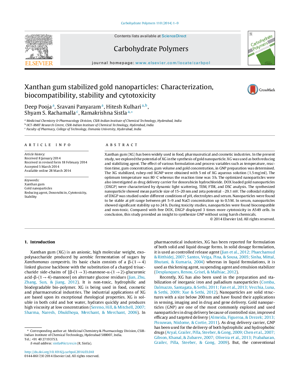 Xanthan gum stabilized gold nanoparticles: Characterization, biocompatibility, stability and cytotoxicity