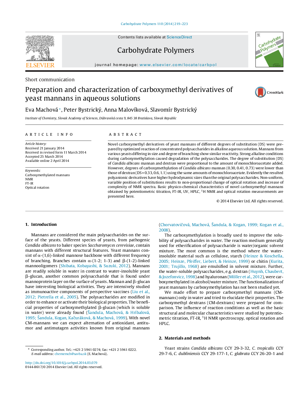 Preparation and characterization of carboxymethyl derivatives of yeast mannans in aqueous solutions