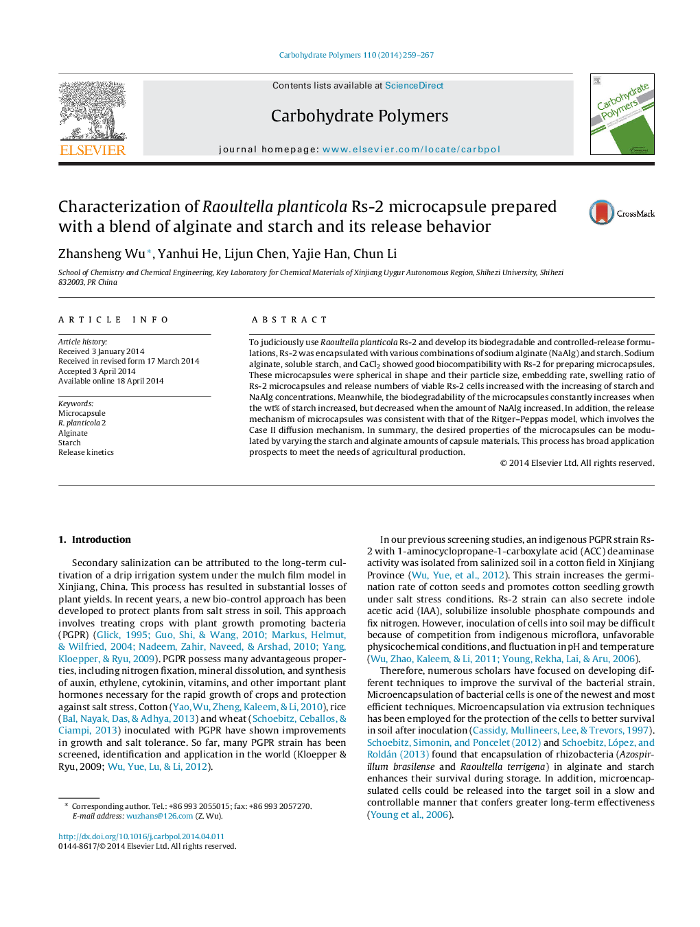 Characterization of Raoultella planticola Rs-2 microcapsule prepared with a blend of alginate and starch and its release behavior