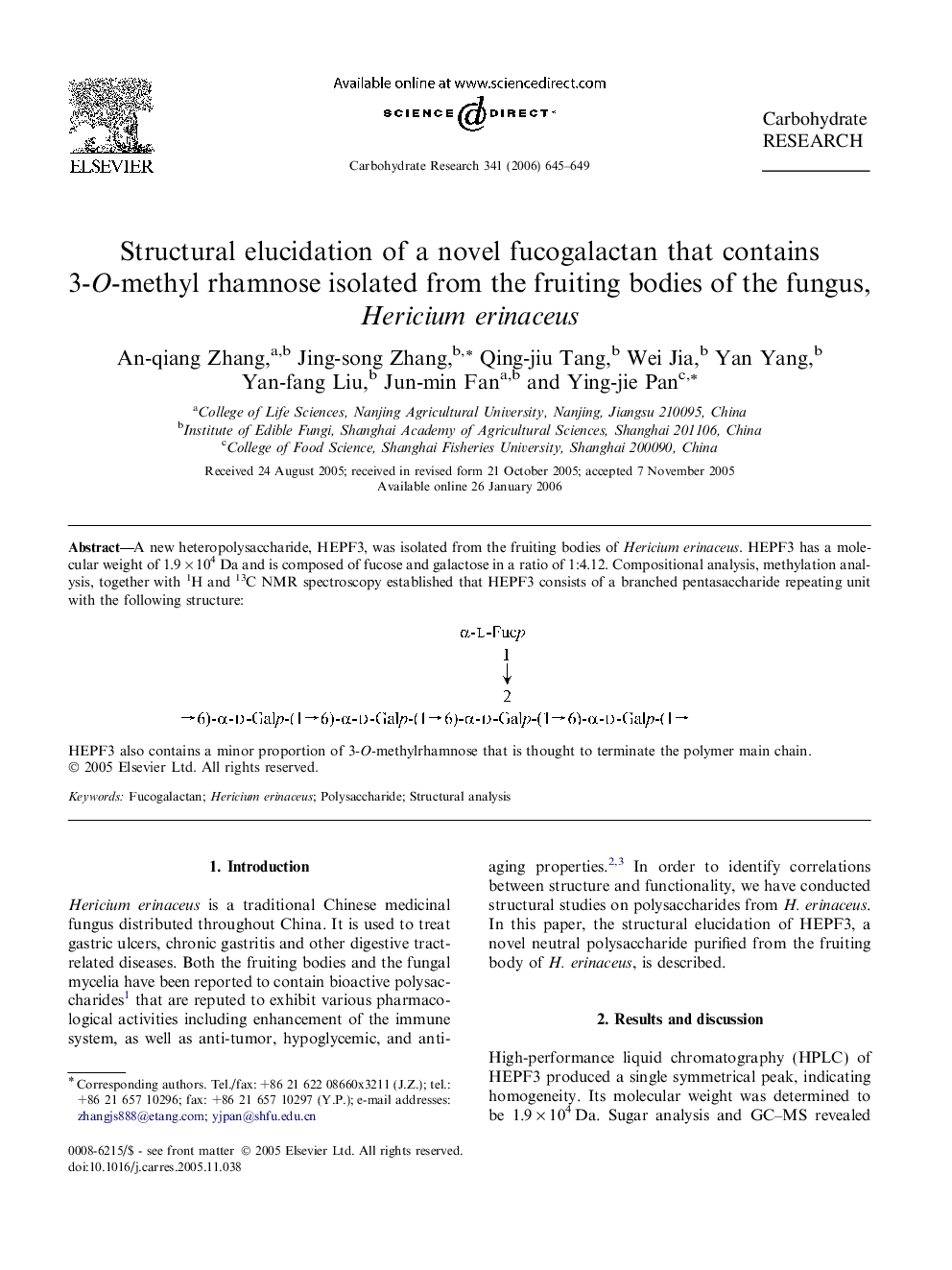 Structural elucidation of a novel fucogalactan that contains 3-O-methyl rhamnose isolated from the fruiting bodies of the fungus, Hericium erinaceus