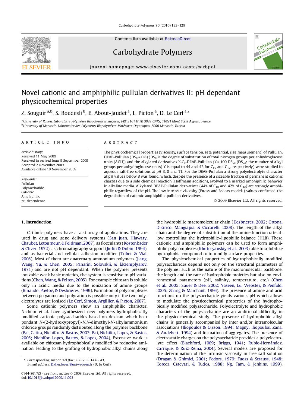 Novel cationic and amphiphilic pullulan derivatives II: pH dependant physicochemical properties