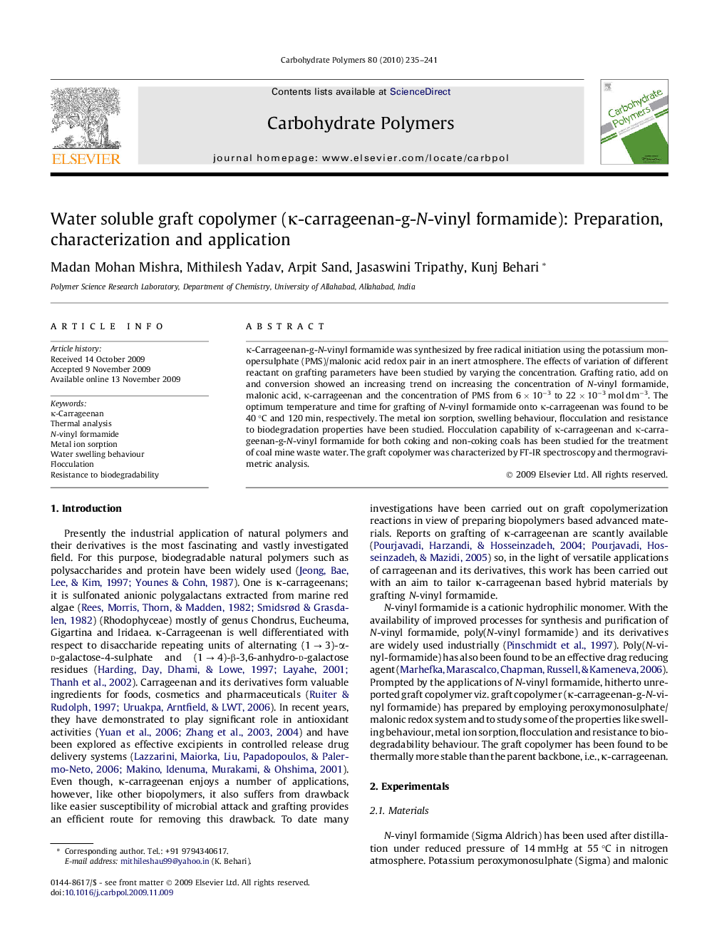 Water soluble graft copolymer (κ-carrageenan-g-N-vinyl formamide): Preparation, characterization and application