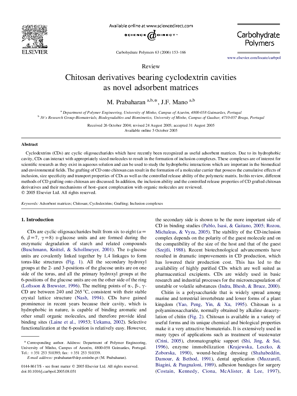 Chitosan derivatives bearing cyclodextrin cavitiesas novel adsorbent matrices