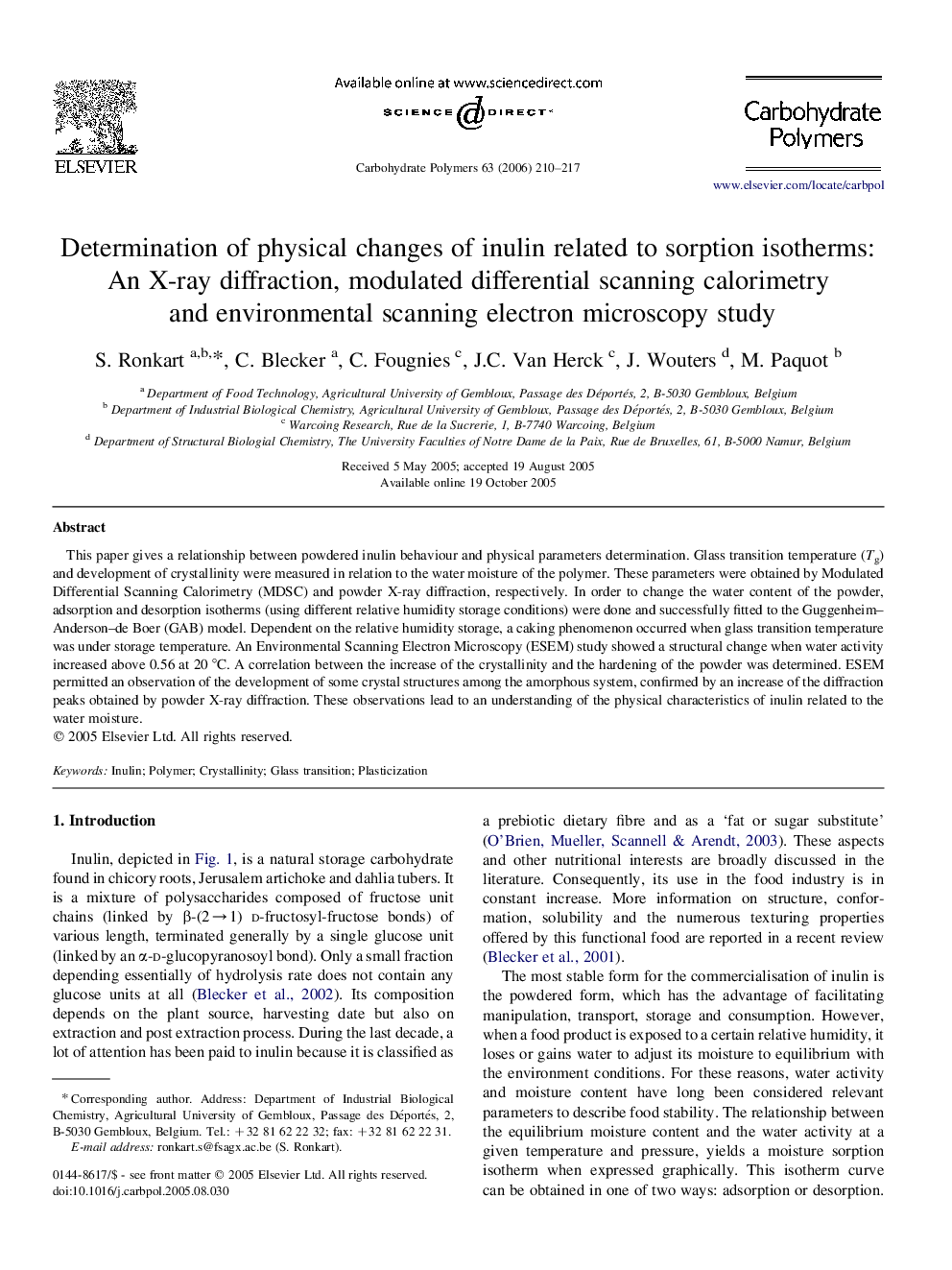 Determination of physical changes of inulin related to sorption isotherms: An X-ray diffraction, modulated differential scanning calorimetry and environmental scanning electron microscopy study