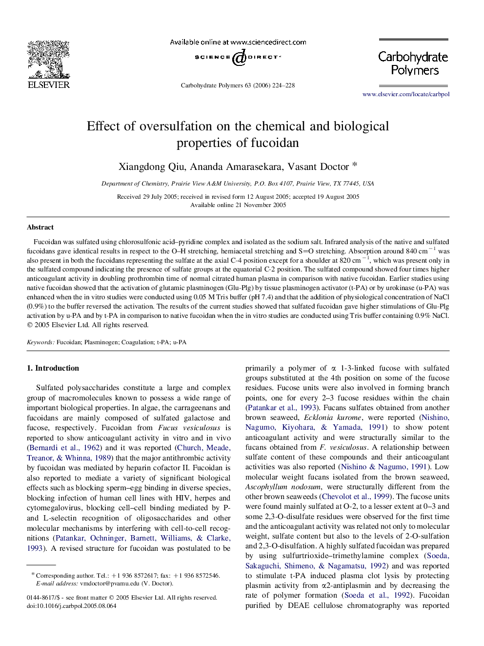 Effect of oversulfation on the chemical and biological properties of fucoidan