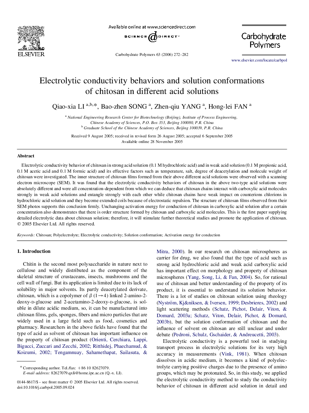 Electrolytic conductivity behaviors and solution conformations of chitosan in different acid solutions