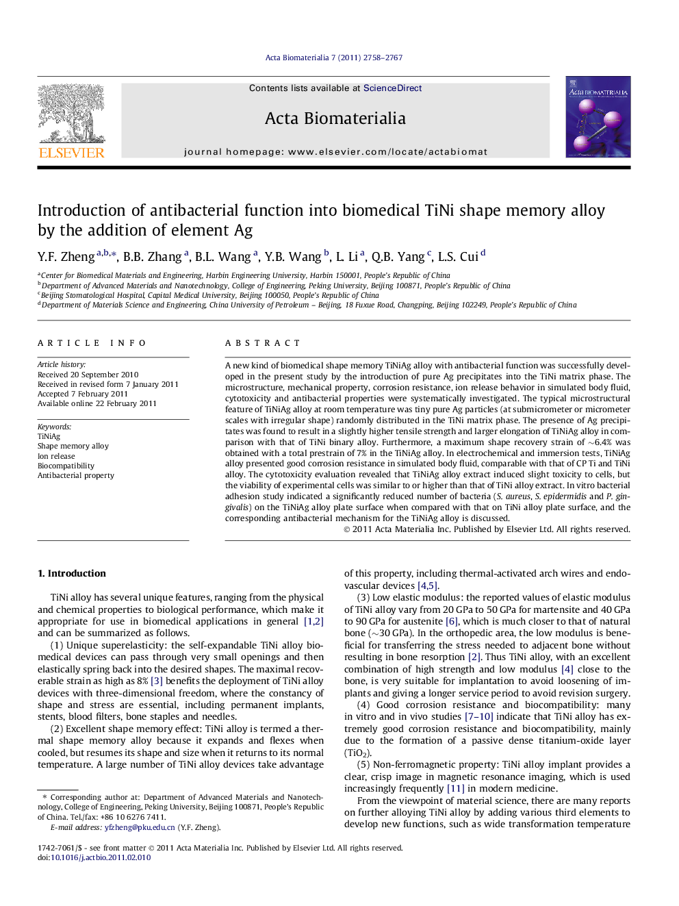 Introduction of antibacterial function into biomedical TiNi shape memory alloy by the addition of element Ag