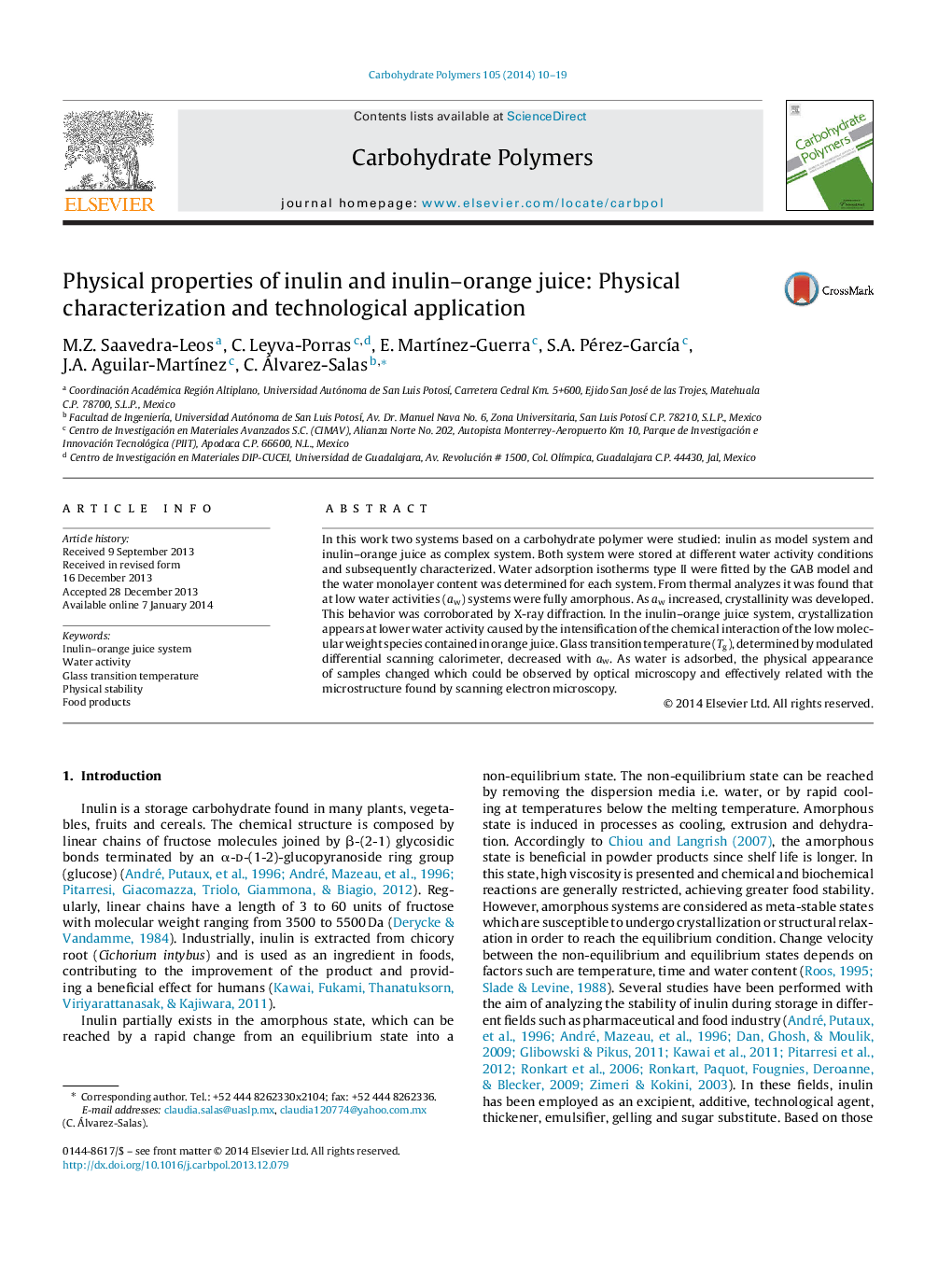 Physical properties of inulin and inulin–orange juice: Physical characterization and technological application