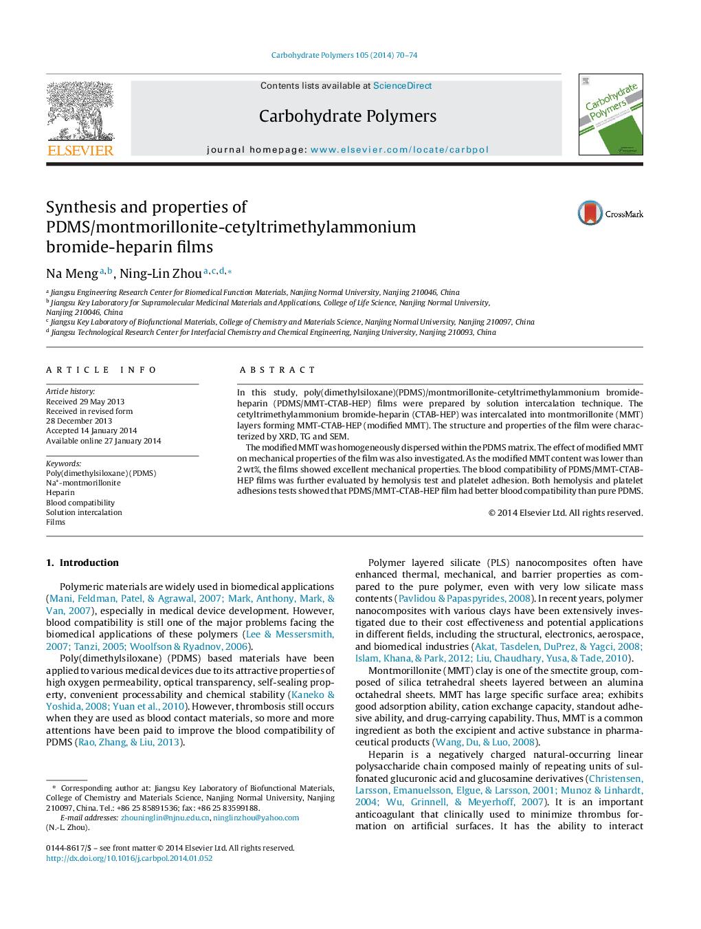 Synthesis and properties of PDMS/montmorillonite-cetyltrimethylammonium bromide-heparin films