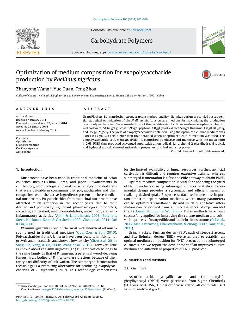 Optimization of medium composition for exopolysaccharide production by Phellinus nigricans