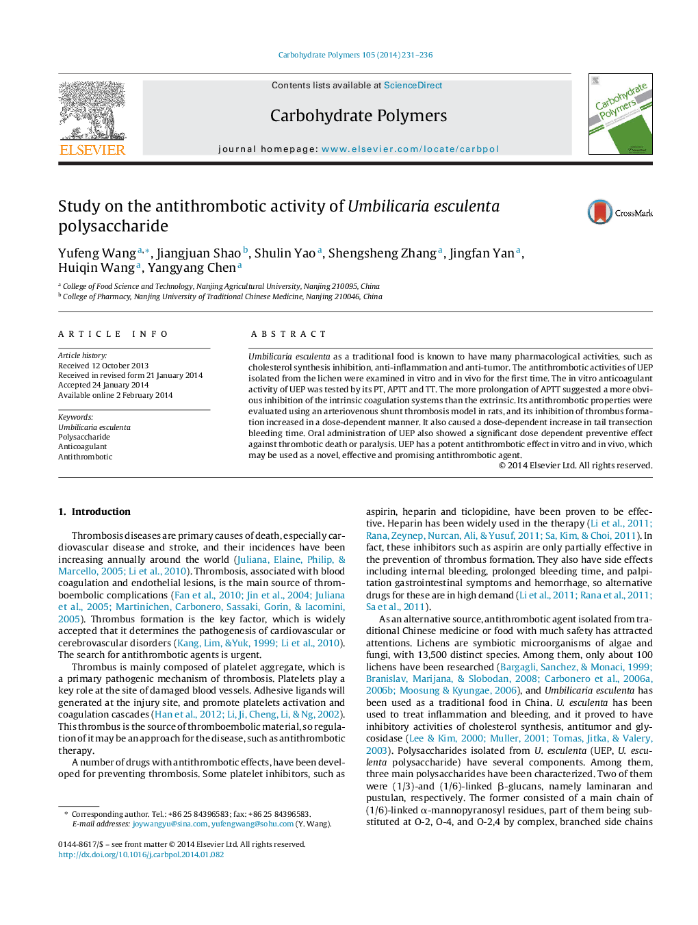 Study on the antithrombotic activity of Umbilicaria esculenta polysaccharide