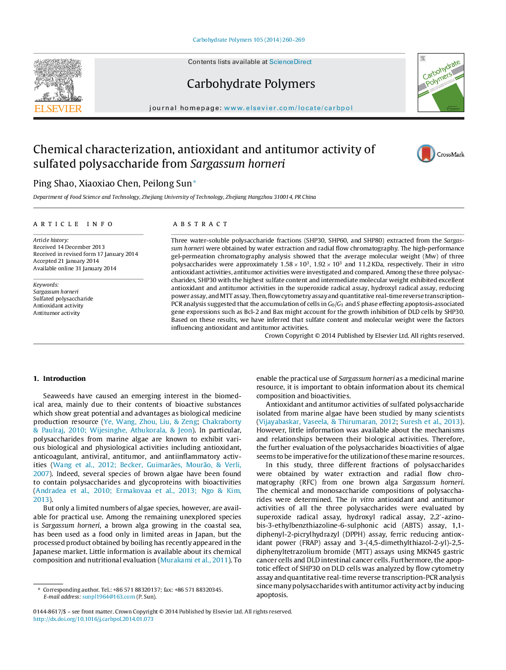 Chemical characterization, antioxidant and antitumor activity of sulfated polysaccharide from Sargassum horneri