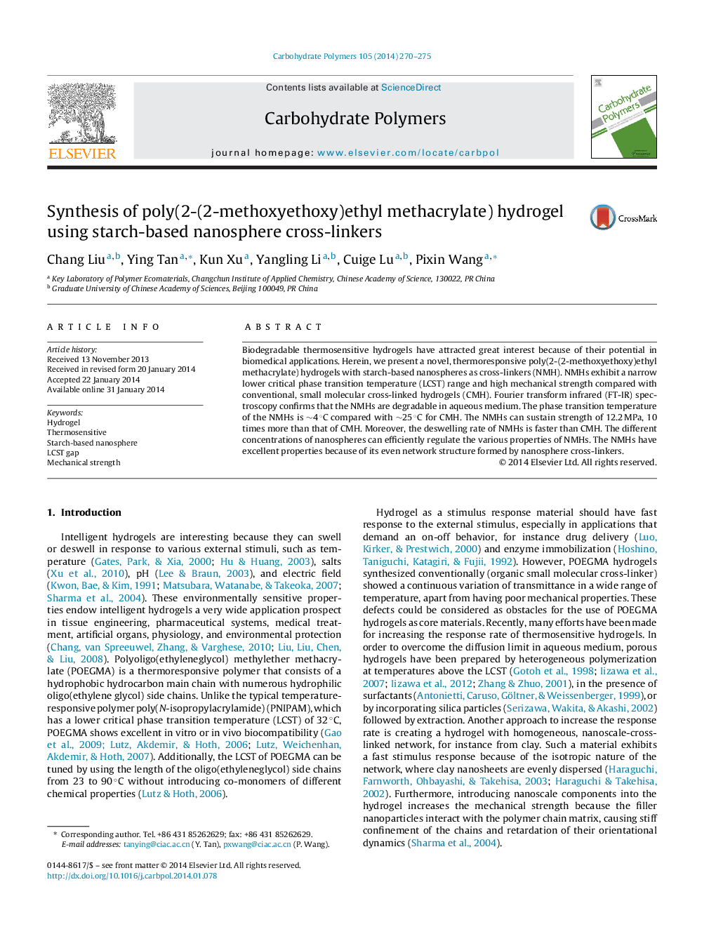 Synthesis of poly(2-(2-methoxyethoxy)ethyl methacrylate) hydrogel using starch-based nanosphere cross-linkers