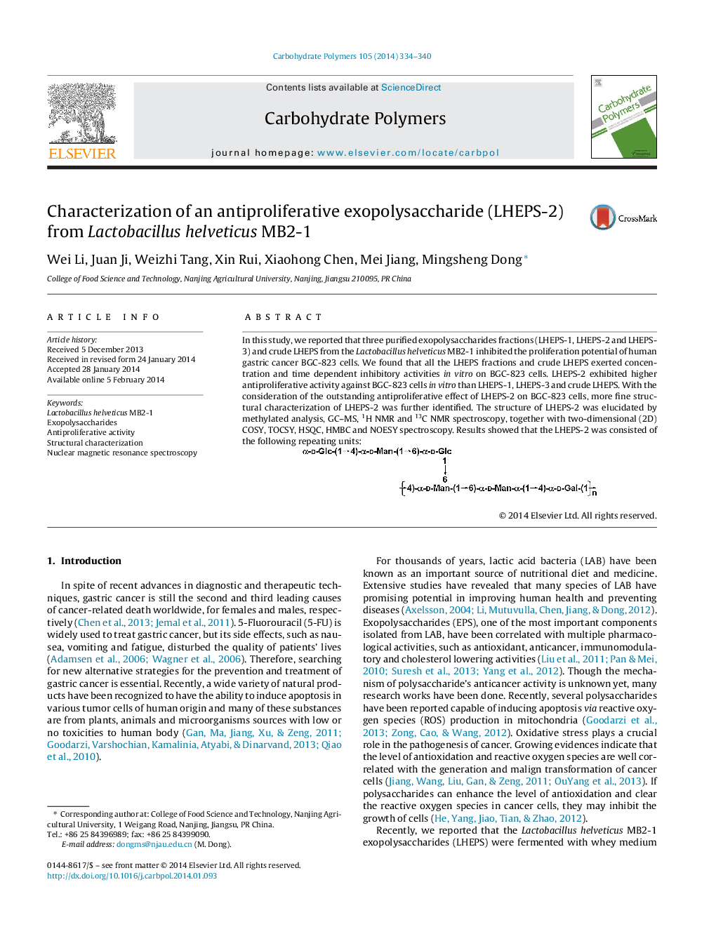 Characterization of an antiproliferative exopolysaccharide (LHEPS-2) from Lactobacillus helveticus MB2-1